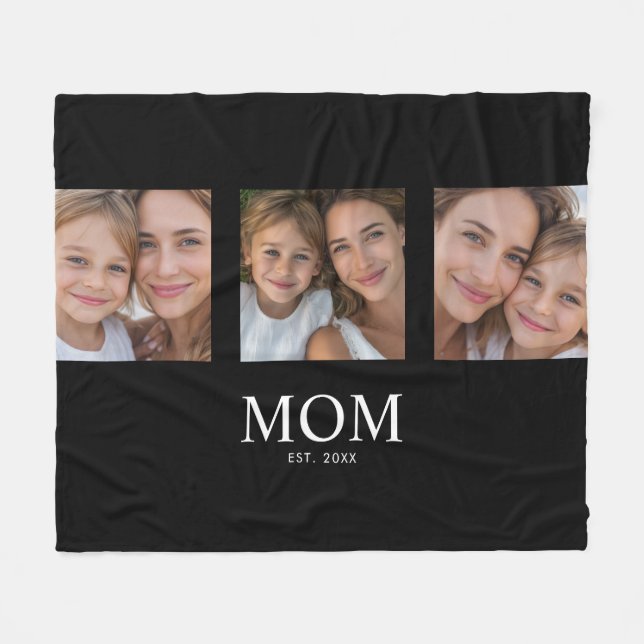 Mum Established Elegant Script Black 3 Photo Fleece Blanket (Front (Horizontal))