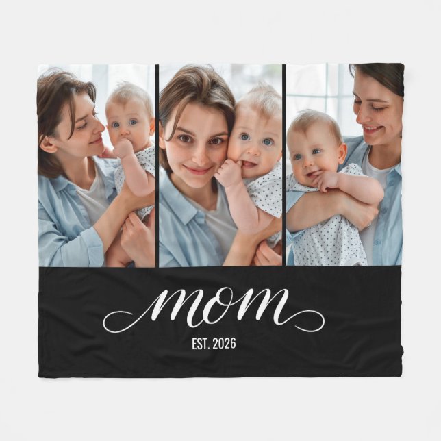 Mum Established Elegant Script Black 3 Photo Fleece Blanket (Front (Horizontal))