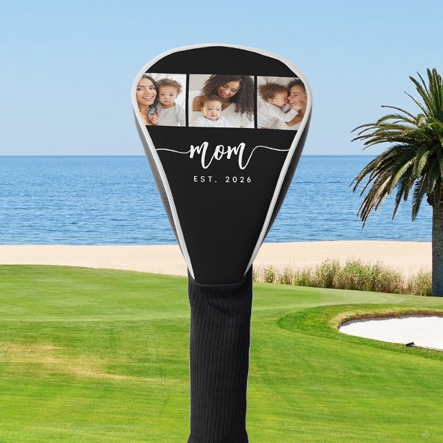 Mum Established Elegant Script Black 3 Photo Golf Head Cover (Creator Uploaded)