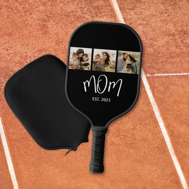 Mum Established Elegant Script Black 3 Photo Pickleball Paddle (Creator Uploaded)