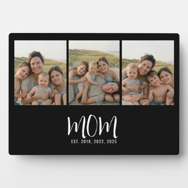 Mum Established Elegant Script Black 3 Photo Plaque (Front)