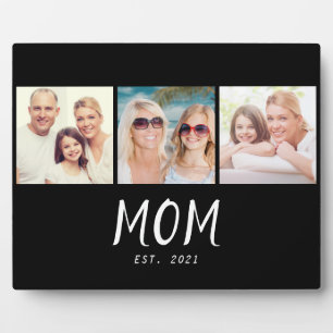 Mum Established Elegant Script Black 3 Photo Plaque