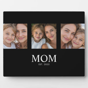 Mum Established Elegant Script Black 3 Photo Plaque