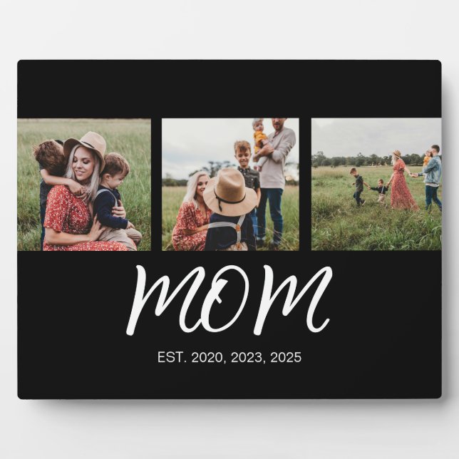 Mum Established Elegant Script Black 3 Photo Plaque (Front)