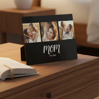 Mum Established Elegant Script Black 3 Photo Plaque