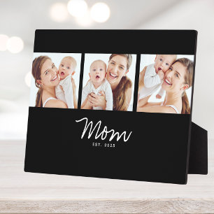 Mum Established Elegant Script Black 3 Photo Plaque