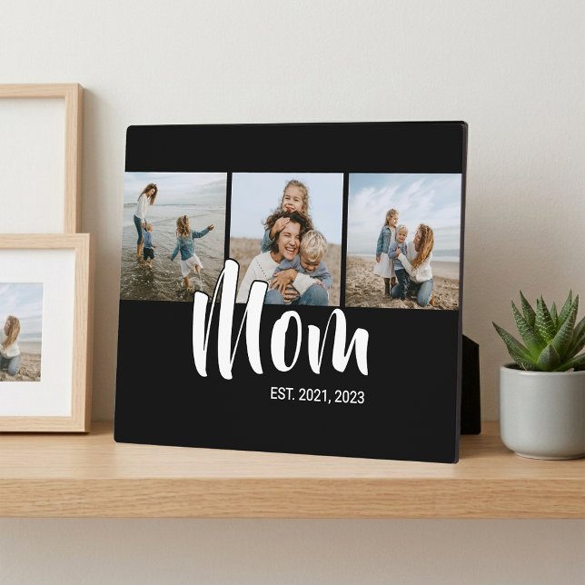 Mum Established Elegant Script Black 3 Photo Plaque (Mom Established Elegant Script Black 3 Photo Plaque)