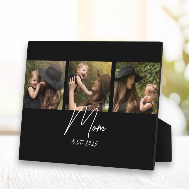 Mum Established Elegant Script Black 3 Photo Plaque (Creator Uploaded)
