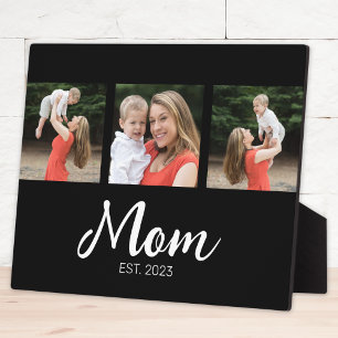 Mum Established Elegant Script Black 3 Photo Plaque