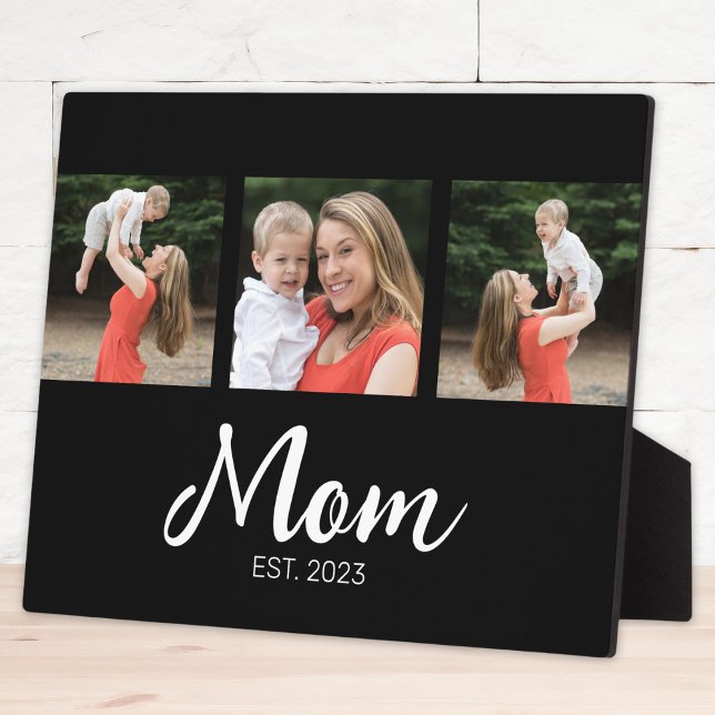Mum Established Elegant Script Black 3 Photo Plaque (Creator Uploaded)