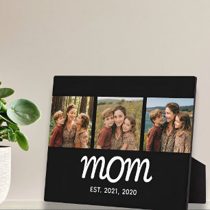 Mum Established Elegant Script Black 3 Photo Plaque