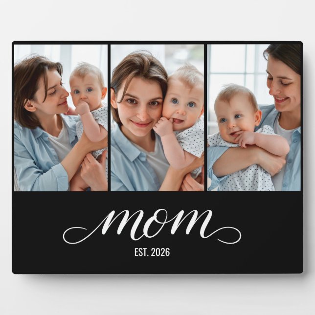 Mum Established Elegant Script Black 3 Photo Plaque (Front)