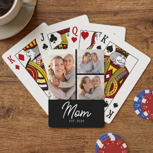 Mum Established Elegant Script Black 3 Photo Playing Cards