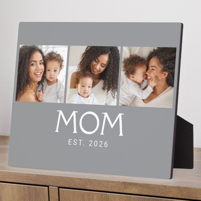 Mum Established Elegant Script Grey 3 Photo Plaque (Creator Uploaded)