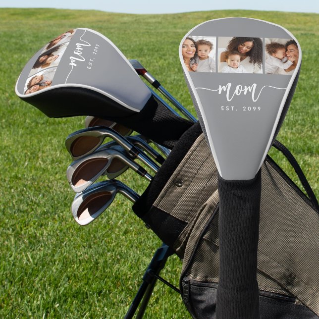 Mum Established Elegant Script Grey White 3 Photo Golf Head Cover (Creator Uploaded)