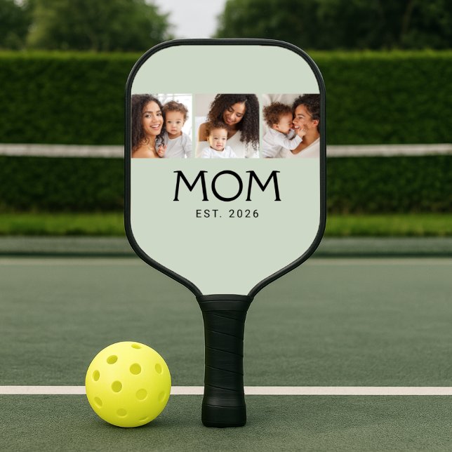 Mum Established Elegant Script Sage Green 3 Photo Pickleball Paddle (Creator Uploaded)