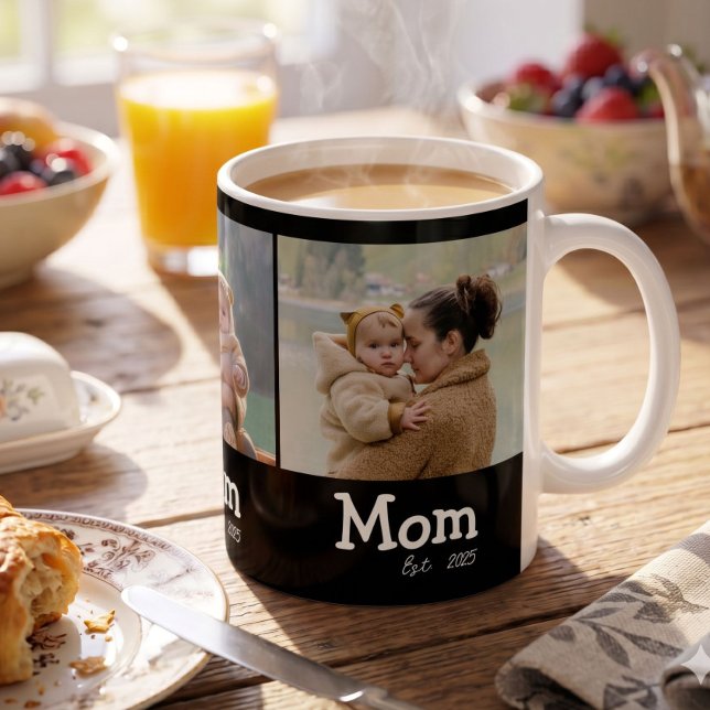 Mum Established Fun Bold Text 3 Photo Black Coffee Mug (Creator Uploaded)