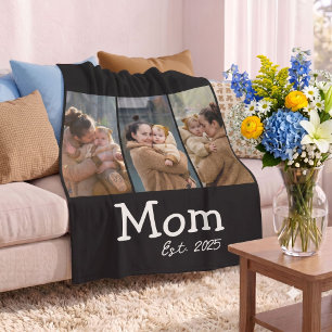 Mum Established Fun Bold Text 3 Photo Black Fleece Blanket