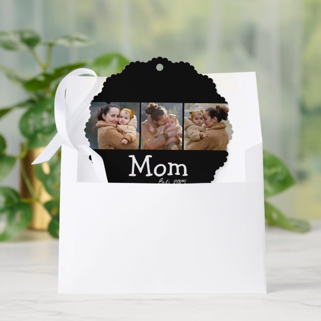 Mum Established Fun Bold Text 3 Photo Black Tree Decoration Card (Envelope)
