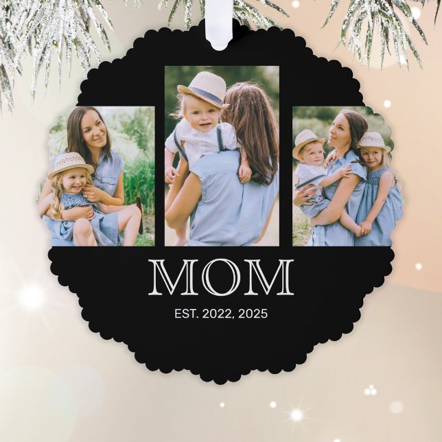 Mum Established Modern 3 Photo Black  Tree Decoration Card (Creator Uploaded)