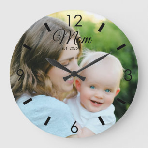 Mum Established Modern Black Script Photo Large Clock