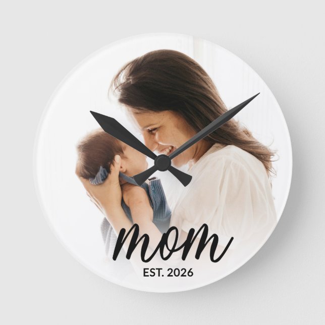 Mum Established Modern Black Script Photo Round Clock (Front)