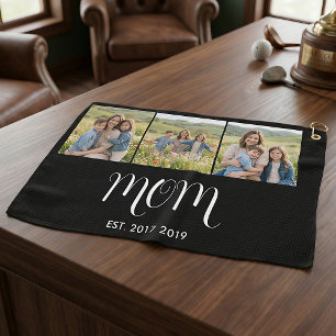 Mum Established Modern Bold Script Black 3 Photo Golf Towel