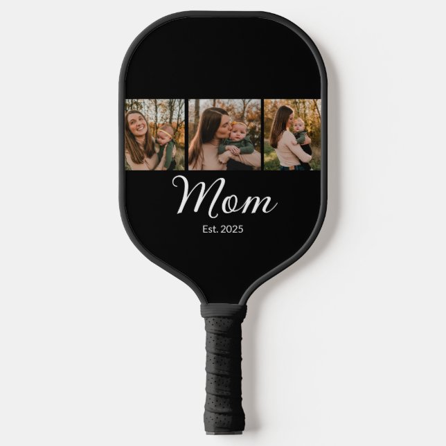 Mum Established Modern Bold Script Black 3 Photo Pickleball Paddle (Front)