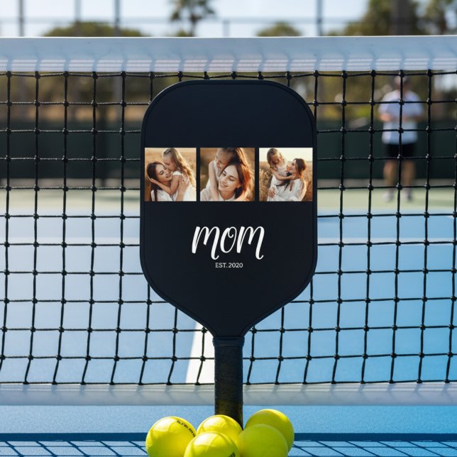 Mum Established Modern Bold Script Black 3 Photo Pickleball Paddle (Creator Uploaded)