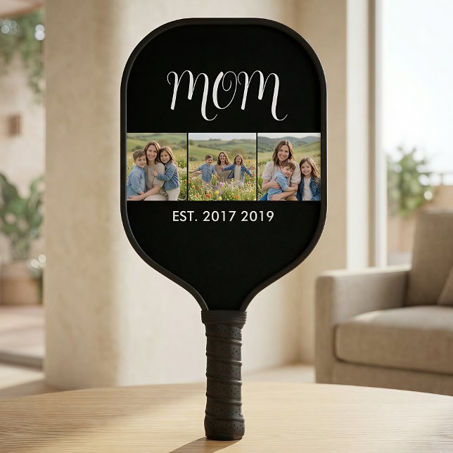 Mum Established Modern Bold Script Black 3 Photo Pickleball Paddle (Creator Uploaded)
