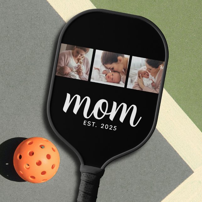 Mum Established Modern Bold Script Black 3 Photo Pickleball Paddle (Creator Uploaded)