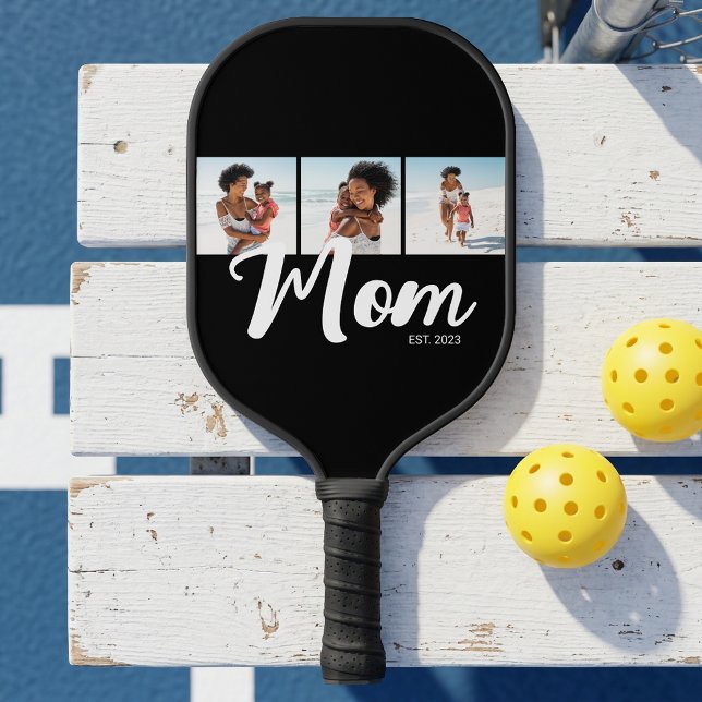 Mum Established Modern Bold Script Black 3 Photo Pickleball Paddle (Mom Established Modern Bold Script Black 3 Photo Pickleball Paddle)