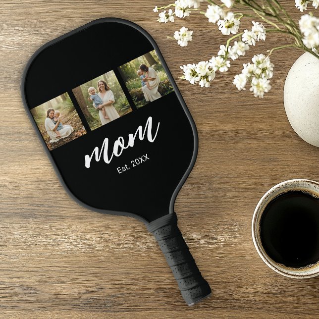Mum Established Modern Bold Script Black 3 Photo Pickleball Paddle (Creator Uploaded)