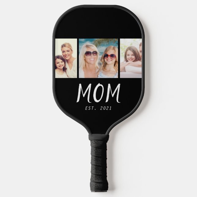 Mum Established Modern Bold Script Black 3 Photo Pickleball Paddle (Front)
