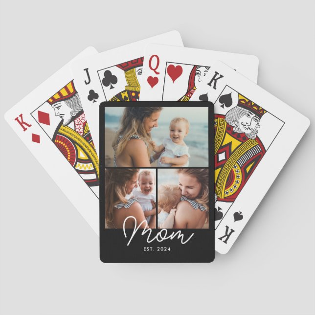 Mum Established Modern Bold Script Black 3 Photo Playing Cards (Back)