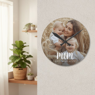 Mum Established Modern Minimal Script Photo Round Clock