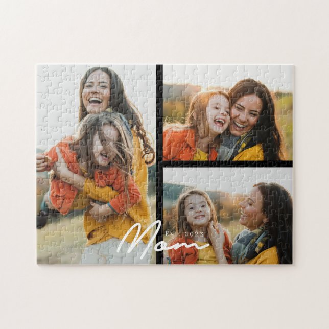 Mum Established Modern Script Black 3 Photo Jigsaw Puzzle (Horizontal)