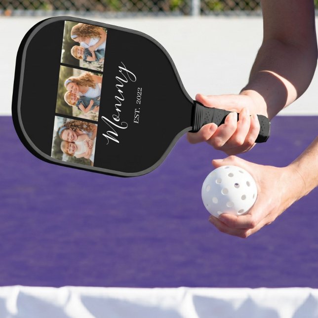 Mum Established Modern Script Black 3 Photo Pickleball Paddle (Creator Uploaded)