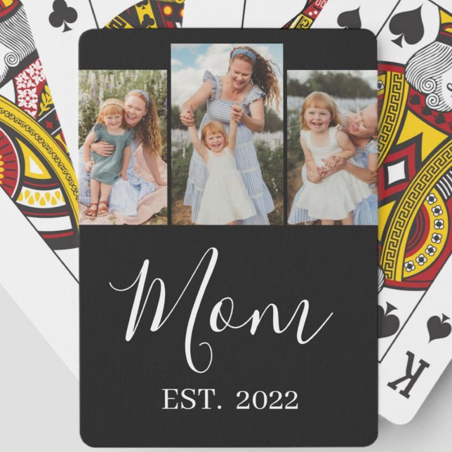 Mum Established Modern Script Black 3 Photo Playing Cards (Creator Uploaded)