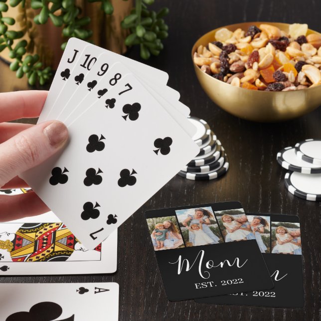 Mum Established Modern Script Black 3 Photo Playing Cards (In Situ)