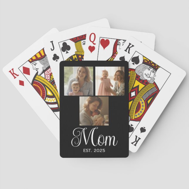 Mum Established Modern Script Black 3 Photo Playing Cards (Back)