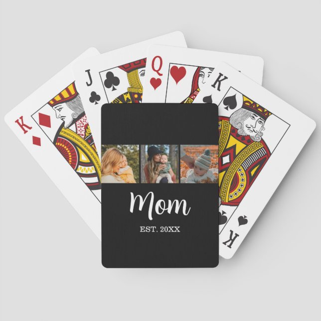 Mum Established Modern Script Black 3 Photo Playing Cards (Back)