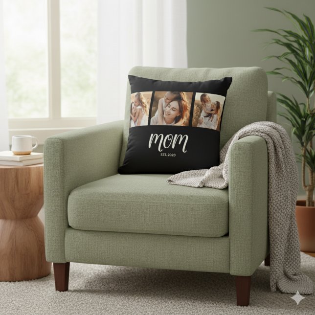 Mum Established Modern Script Black 3 Photo Throw  Cushion (Creator Uploaded)