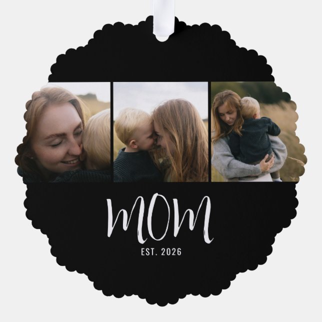 Mum Established Modern Script Black 3 Photo Tree Decoration Card (Back)