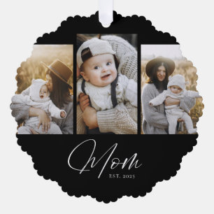 Mum Established Modern Script Black 3 Photo Tree Decoration Card