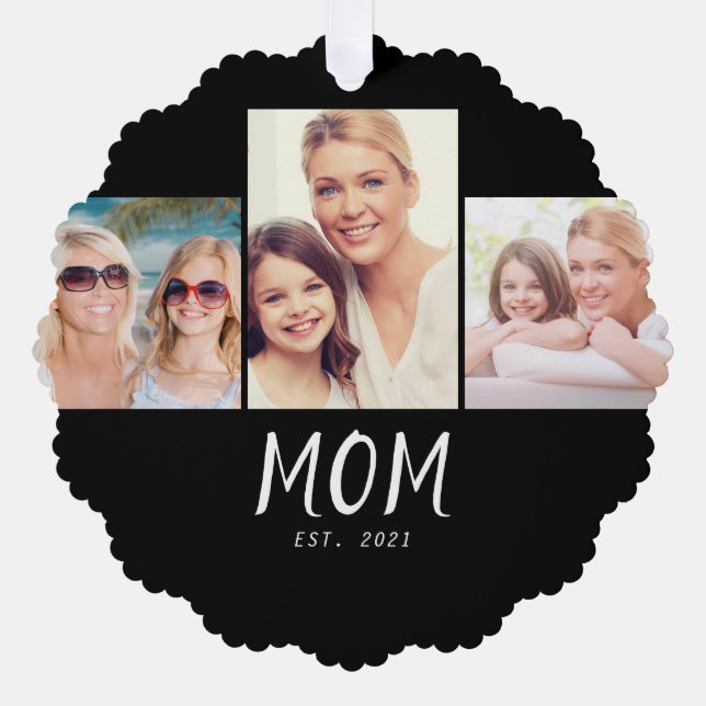 Mum Established Modern Script Black 3 Photo Tree Decoration Card (Front)