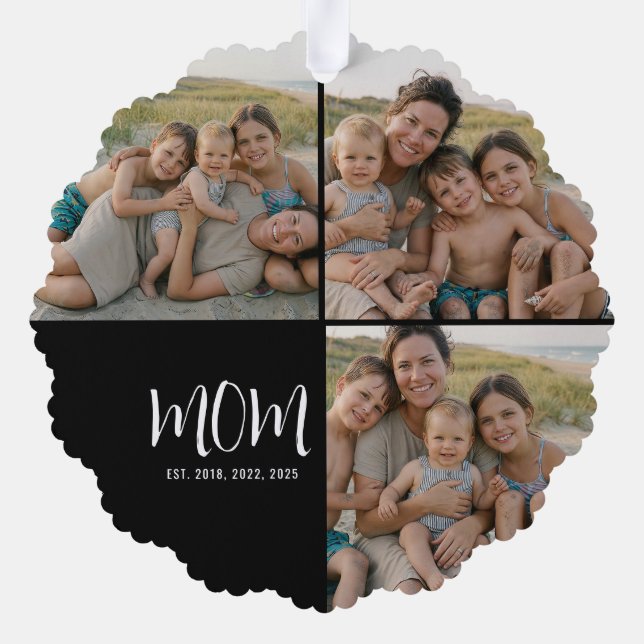 Mum Established Modern Script Black 3 Photo Tree Decoration Card (Back)
