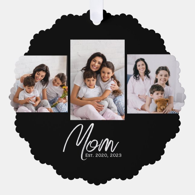 Mum Established Modern Script Black 3 Photo Tree Decoration Card (Front)