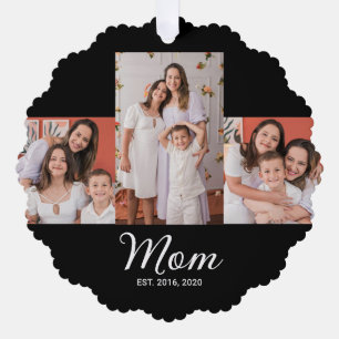 Mum Established Modern Script Black 3 Photo Tree Decoration Card