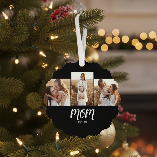 Mum Established Modern Script Black 3 Photo Tree Decoration Card (Creator Uploaded)